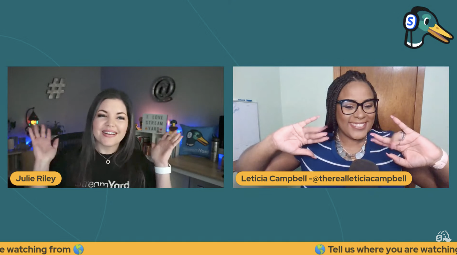 Julie Riley co-hosting a live stream show at StreamYard